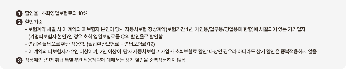 ①할인율 : 초회영업보험료의 10% ②할인기준 - 보험계약 체결 시 이 계약의 피보험자 본인이 당사 자동차보험 정상계약(보험기간 1년, 개인용/업무용/영업용에 한함)에 체결되어 있는 기가입자(기명피보험자 본인)인 경우 초회 영업보험료를 ①의 할인율로 할인함 - 연납은 월납으로 환산 적용함. (월납환산보험료 = 연납보험료/12) - 이 계약의 피보험자가 2인 이상이며, 2인 이상이 '당사 자동차보험 기가입자 초회보험료 할인' 대상인 경우라 하더라도 상기 할인은 중복적용하지 않음 ③적용예외 : 단체취급 특별약관 적용계약에 대해서는 상기 할인을 중복적용하지 않음