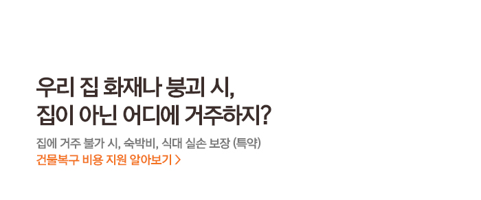 우리 집 화재나 붕괴 시, 집이 아닌 어디에 거주하지? 집에 거주 불가 시, 숙박비, 식대 실손 보장 (특약) 건물복구 비용 지원 알아보기 >